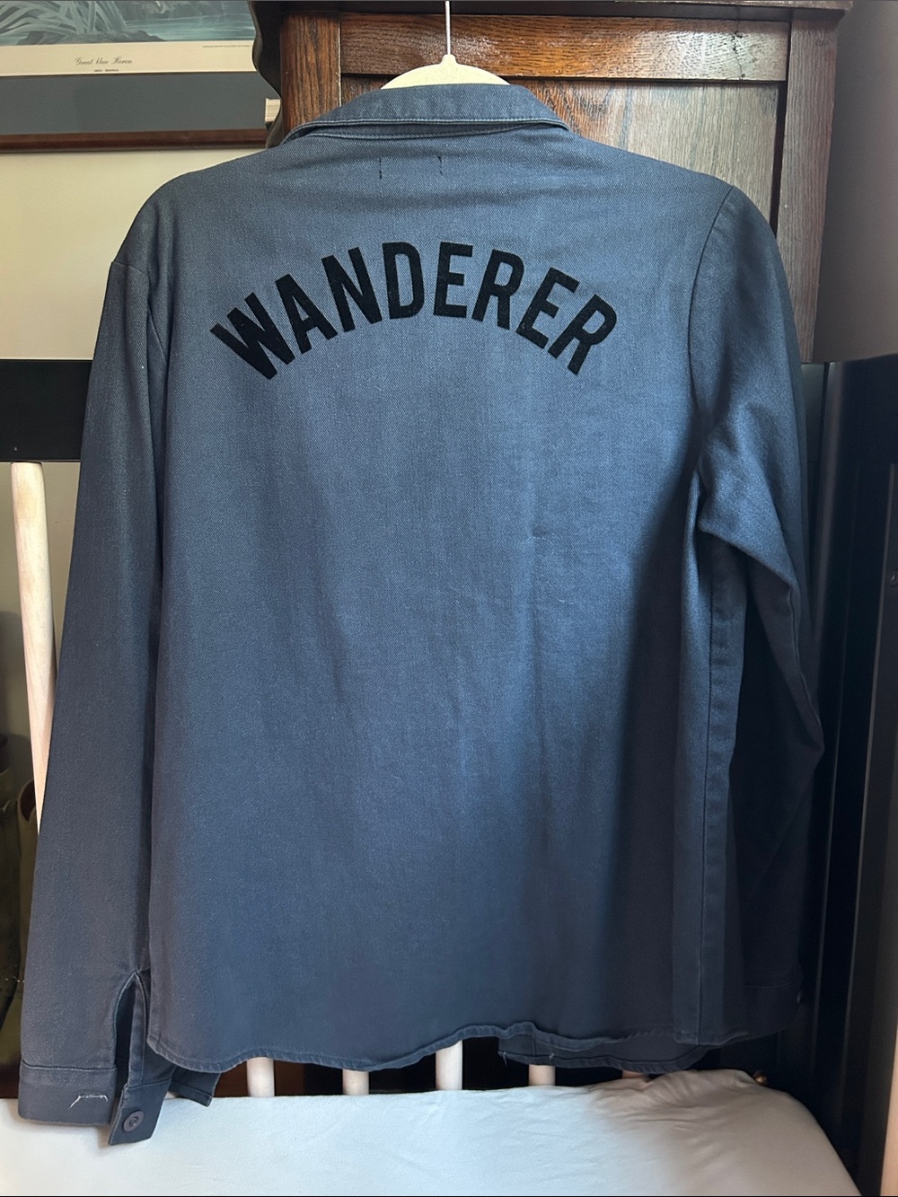 Afends Denim Navy Button-down Shirt with Black 'WANDERER' Back Lettering